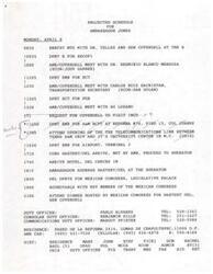 ["The document outlines the projected schedule for Ambassador Jones on Monday, April 8, including meetings with various officials and attending events such as a reception and dinner. It also includes the schedule for CODEL Hastert, detailing their arrival, check-in, and meetings with members of the Mexican House of Deputies. The document also provides important telephone numbers for communication."]