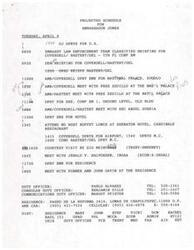 ["The document outlines the projected schedule for Ambassador Jones on Tuesday, April 9, including briefings, meetings with officials, and other appointments. It also includes a request for a meeting with Jerry regarding INGAA activities and political issues. Additionally, there is a fax confirming a meeting with Ambassador Gavin and representatives from Hicks, Muse, Tate & Furst."]
