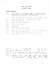 ["The projected schedule for Ambassador Jones on Friday, April 12 includes a radio interview with a Kansas City radio station, meetings with various individuals and organizations, and a visit from representatives of Farmland Industries, Inc., Terra Industries, Inc., and Wasserstein Perella & Co. The purpose of the visit is to discuss the privatization of an ammonia complex in Mexico. The schedule also includes contact information for duty officers and details about the ambassador's residence and transportation."]