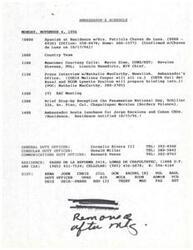 ["The Ambassador's schedule for Monday, November 4, 1996 includes various meetings and events such as a Spanish session, country team meeting, newcomer courtesy calls, press interview, EAC meeting, reception for Panamanian National Day, and luncheon for Cuban CEOs. The schedule also includes contact information for duty officers and the Ambassador's residence. Additionally, a list of guests for the luncheon on November 4th is provided, with some cancellations noted."]