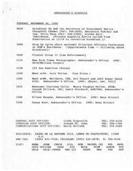 ["The document outlines the schedule of an ambassador on November 26, 1996, including meetings with various government officials, a photographer, and discussions regarding a Congressional Exchange Program in Mexico. The ambassador is also requested to meet with USAID representatives to discuss the status and next steps of the program. Additionally, there are questions raised about initiating discussions with Los Pinos and moving technical discussions to the leadership level. The document also includes a report on the consultant's first visit to the Mexican Congress in October 1996."]