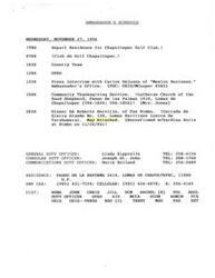 ["The document outlines the schedule for the Ambassador on Wednesday, November 27, 1996, including various appointments and activities such as a press interview, a community Thanksgiving service, and a dinner with Roberto Servitje. It also includes contact information for duty officers and details about the Ambassador's residence. Additionally, there are notes about a dinner invitation from Roberto Servitje and a message from the Ambassador regarding the scheduling of the dinner."]
