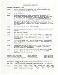 ["The document outlines the schedule for the Ambassador on Tuesday, December 3, 1996, including various meetings, events, and exhibitions to attend. The Ambassador is expected to participate in the inauguration of the Nettop '96 exhibition, present a speech, and participate in a ribbon-cutting ceremony. The schedule also includes contact information for duty officers and details about the Nettop '96 event, which focuses on internet technologies and networking in Mexico."]