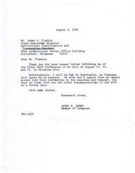 ["Mr. James S. Plaxico invited Honorable James R. Jones to the State ASCS Conference in Oklahoma City on August 18-20, but Mr. Jones declined as he would be in Washington for Congress. He expressed regret and hopes to visit in the future."]