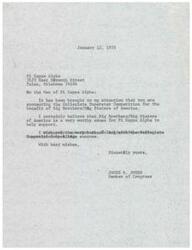 ["The document is a letter dated January 12, 1978, from James R. Jones, a Member of Congress, to the men of Pi Kappa Alpha at 3123 East Seventh Street, Tulsa, Oklahoma. Jones commends the fraternity for sponsoring the Collegiate Superstar Competition for the benefit of Big Brothers/Big Sisters of America, stating that it is a worthy cause for Pi Kappa Alpha to support. Jones wishes the fraternity success in their efforts."]