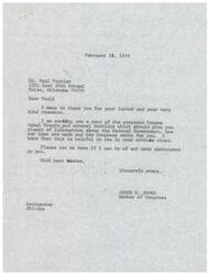["Mr. Paul Postier wrote a letter to James R. Jones, a Member of Congress, expressing his support for keeping the Panama Canal and requesting materials to help with his civics class. In response, Jones thanked Postier for his comments, sent him a copy of the proposed Panama Canal Treaty, and other booklets to provide information on the Federal Government, laws, and Congress. Jones offered further assistance if needed."]