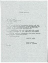 ["James R. Jones congratulates Clell Pond on his outstanding performance on the Preliminary Scholastic Aptitude Test/National Merit Scholarship Qualifying Test and offers assistance with his education."]