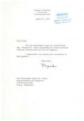 ["Mark D. Poteet received a letter from Thomas N. Teela of the United States Customs Service in Los Angeles regarding an issue with duty charged upon his arrival in Los Angeles. After reviewing Poteet's declaration, it was determined that he was incorrectly assessed duty and a refund of $16.58 will be prepared. Teela apologized for the inconvenience and explained that the error was made by an inexperienced inspector who has since received additional training to prevent future mistakes. Poteet thanked James R. Jones, a representative in Congress, for his assistance in the matter."]