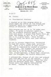 ["James R. Jones provides information about the Presidential Scholars program, which honors 120 students each year based on academic achievements and activities. The program does not provide monetary awards but is considered a great honor. Students are selected by the Office of Gifted and Talented and attend events in Washington, D.C. in June. Jones is looking into the possibility of nominating someone for the program and has ordered more information for a constituent interested in having her daughter nominated."]