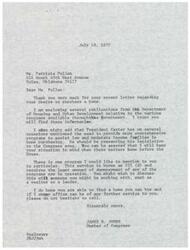 ["Ms. Patricia Pullen wrote to Congressman James R. Jones expressing her desire to purchase a home but lacking the funds for a down payment. She requested government assistance for low-income women like herself who want to provide a decent living environment for their families. Congressman Jones responded by sending her information on various housing programs and mentioned a specific program with a low down payment requirement. He assured her that he would keep her situation in mind when legislation concerning home purchasing assistance is presented to Congress. He also encouraged her to seek assistance from a realtor or lender and offered further help from his office if needed."]