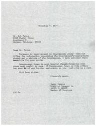 ["The document is a response to Mr. Bob Paine's request for information about Congressman James R. Jones, including a biographical sketch and a picture. The District Manager, Jerry Conrey, has enclosed the requested materials and offers further assistance if needed."]