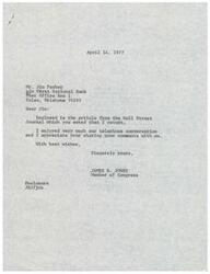 ["The author is returning an article from the Wall Street Journal to Mr. Jim Parker at the First National Bank in Tulsa, Oklahoma. The author enjoyed their telephone conversation and appreciates Mr. Parker's comments. The document is signed by James R. Jones, a Member of Congress."]