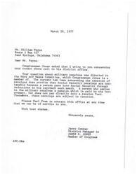 ["The document is a response to Mr. William Payne's inquiry about military pensions and taxation. It explains that military pensions are subject to taxation because they are not funded by individual contributions like Social Security pensions. Congressman Jones is a member of the Ways and Means Committee and the letter offers assistance if needed."]
