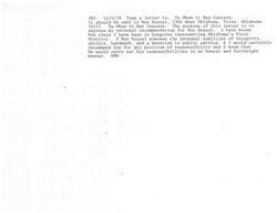 ["The document is a letter of recommendation for Ron Roszel, written by JRJ on 11/4/76. JRJ praises Ron's integrity, ability, hard work, and devotion to public service. JRJ recommends Ron for any position of responsibility, confident that he would carry out his duties honestly and forthrightly."]