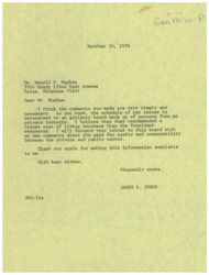 ["The document is a response to Mr. Donald F. Hughes regarding his comments on the schedule of pay raises. The writer, James R. Jones, agrees with Hughes and will forward his letter to the advisory board responsible for determining pay raises. Jones also mentions the need for equity and comparability between the private and public sector. He thanks Hughes for providing the information."]