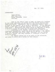 ["Congressman James Malone visited the office to discuss a problem with the Postal Service Sick Leave provisions. Employees are reprimanded after missing 3 days of work in one quarter and put on restricted sick leave after missing 3 more days in another quarter. Restricted sick leave requires a doctor's excuse for every day missed and can last for months. Malone believes employees are harassed for not having an excuse and finds it juvenile. He plans to write a letter to address the issue."]