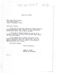["The document is a letter from Congressman James R. Jones to Mrs. Mary Belle Wright, thanking her for her support of legislation proclaiming April 30th as a day of prayer. Jones expresses his own support for the concept outlined in Senate Resolution 193 and hopes to be able to support it when it comes to the House of Representatives for a vote."]