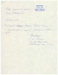 ["The document is a request from O.M. Olson to Representative  James R. Jones for a copy of the prison reform bill. It was received on September 25, 1974 in Tulsa, Oklahoma."]