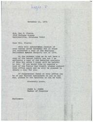 ["Mrs. Roy G. Pierce requested a copy of the Employee Retirement Income Security Act of 1974 from Congressman James R. Jones. Jones acknowledged the request in a letter dated November 11, 1974, stating that they do not have a copy of the Public Law but enclosed a detailed analysis of the Act. Jones offered to obtain a copy of the Public Law if needed and offered further assistance if required."]