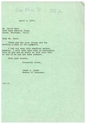 ["The document is a letter from a member of Congress, James R. Jones, to Mr. Keith Ward regarding a pamphlet he received. The document expresses gratitude for the pamphlet and states that the issue will be looked into by Jones' staff. The document also discusses various topics such as the economy, the Bible, patriotism, and the need for the United States to return to its Christian principles. The document includes the perspective of a missionary on various social and political issues, advocating for a return to faith and morality in the country."]