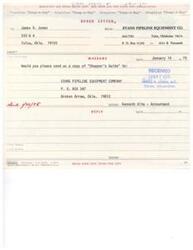 ["A speed letter was sent from Evans Pipeline Equipment Co. to James R. Jones requesting a copy of the \"Shopper's Guide.\" The document was received on January 17, 1975, and a reply was sent on January 20, 1975. The document was sent with a \"Snap-A-Way\" form and instructions to retain the white copy and return the pink copy."]