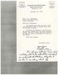 ["James R. Jones, Assistant Majority Whip and Member of Congress from Oklahoma, wrote a letter to Mrs. J. L. Hutcheson offering his assistance and expressing his agreement with her concerns about education. He encouraged her to call his Tulsa District Office to schedule a time to talk on the phone."]