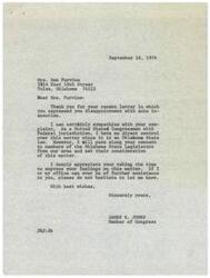 ["Mrs. Purvine expressed disappointment with auto inspection in a letter to Congressman James R. Jones. Jones sympathized with her complaint but stated he has no direct control over the matter as it is a state law in Oklahoma. He promised to pass along her concerns to members of the Oklahoma State Legislature and offered further assistance if needed."]