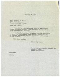 ["Mrs. Pinos received a letter from Congressman Jones' District Office enclosing a copy of the 1975 Congressional calendar in response to her phone call. The document also offers further assistance if needed."]