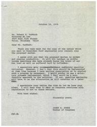 ["James R. Jones, a member of Congress, thanks Mr. Paddock for sharing his concerns about the proposed surtax and agrees that it is unjust. Jones appreciates the recommendation for mandatory gasoline rationing but prefers a voluntary program instead. He will keep Paddock's views in mind as Congress continues to work on legislation."]