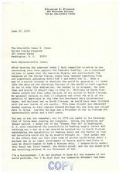["The document is written by Charles L. Parker to Representative James R. Jones expressing concern about his vote against the Cambodia bombing. Parker believes that the US should take action against aggressive nations, citing the success in South Vietnam. He also mentions a previous conversation with Jones about bombing North Vietnam and the eventual success in ending the war. Parker feels that the US must intervene to preserve freedom in other countries and that force is necessary in some situations. He urges Jones to consider these points in his decision-making as a representative."]