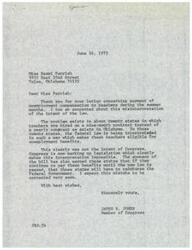["Miss Naomi Parrish wrote a letter to Congressman James R. Jones expressing her concern about teachers receiving unemployment compensation during the summer months. Congressman Jones responded, agreeing that this interpretation of the law was a mistake and that Congress was working on legislation to correct it. He assured Miss Parrish that the issue would be resolved soon."]