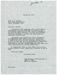 ["The document is a response to Mrs. D. S. Patrick's request for information on certain bills related to taxes. The document includes copies of pending bills and clarifies that there is no bill introduced by Congressman Jones that would allow volunteers to deduct the value of their services. It mentions that the proposal will be considered by the Ways & Means Committee. The document also offers further assistance if needed."]