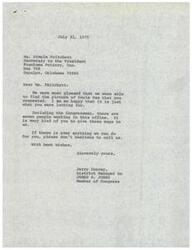 ["The document is a thank you note from Dimple Pritchett at Frankoma Pottery to Jerry Conrey, District Manager to Congressman James R. Jones, for sending a picture of Uncle Sam. Miss Frank plans to design a \"Toby Mug\" of Uncle Sam and will send some to their office. Pritchett expresses gratitude for the picture and offers to send mugs to their office with best wishes."]
