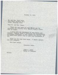 ["The document is a series of letters discussing General George Brown's comments about the Israeli army being more of a burden than an asset to the United States. The first letter from Mr. and Mrs. Passo expresses agreement with the sentiments of the recipient, Congressman James R. Jones, about General Brown's comments. The second letter from Mr. and Mrs. Panin urges Congressman Jones to take action against General Brown for his remarks. Additionally, a news article is included about the Pentagon reviewing General Brown's comments. Overall, the letters express concern and disapproval of General Brown's statement."]