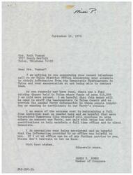 ["The document is from James R. Jones, a member of Congress, in response to a phone call from Mrs. Ruth Posner regarding the Democratic Headquarters in Tulsa. Jones mentions a recent fundraising dinner and expresses hope that the funds raised will support the headquarters. He acknowledges the cost of maintaining the office and encourages support from interested Democrats. Jones appreciates Posner's persistence and offers further assistance if needed."]