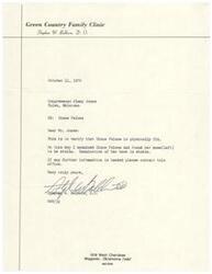 ["The document from Green Country Family Clinic, signed by Dr. Stephen W. Baldwin, confirms that Diane Palone is physically fit. Her left knee and back were found to be stable during an examination. The document offers to provide further information if needed."]