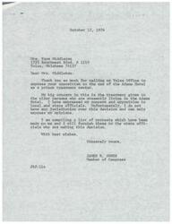 ["Mrs. Middleton expressed her opposition to the use of the Adams Hotel as a prison treatment center to Congressman James R. Jones. He shared her concerns about the treatment of older persons living in the hotel and expressed his opposition to local and state officials. He mentioned that he does not have jurisdiction over the decision but will compile a list of protests to share with state officials."]