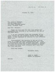 ["The document is from James R. Jones, a member of Congress, responding to Mrs. Lois E. Mitchell's concerns about the treatment of older citizens living at the Adams Hotel in Tulsa, Oklahoma. Jones expresses his concern and states that he has no jurisdiction over the decision on the use of the hotel, but will continue to express his concerns to local officials in hopes of making a positive impact."]