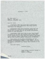 ["Mr. Jake Potts wrote a letter to Congressman Jones about Blue Cross cutting off his mother from Medicare. Congressman Jones's office responded, stating that they would assist in investigating the matter but would need more information from Mr. Potts, including his mother's full name, social security number, and any relevant correspondence. They encouraged Mr. Potts to pursue a hearing to obtain satisfactory answers. The document from Mr. Potts expressed frustration with Blue Cross and requested help in finding out why his mother was cut off from Medicare."]