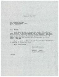 ["The document is from James R. Jones to Bobbie Parrish, informing her that he has contacted Bill Kerr about a possible contribution to the Oklahoma Intercollegiate legislature. Jones will be in touch with her once he hears back from the Kerr Foundation."]
