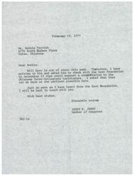 ["James R. Jones is informing Bobbie Parrish that he has contacted Bill Kerr to inquire if the Kerr Foundation could support a constitution for the Oklahoma Inter-Collegiate Legislature. He will update Bobbie as soon as he hears back from the foundation."]