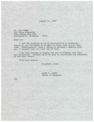 ["The document is from James R. Jones, a Member of Congress, to Joe Price of The Price Companies in Bartlesville, Oklahoma. Jones expresses regret for missing a meeting with Price and looks forward to seeing him in the future to view his art collection."]