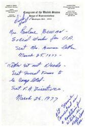 ["The document provides contact information for James R. Jones, a member of the Committee on Ways and Means in the United States Congress. It also mentions a letter sent to Mrs. Pauline Bowman regarding social security benefits on March 25, 1977. Additionally, it notes the completion of general forms and the sending of Veterans Affairs directives on the same date."]