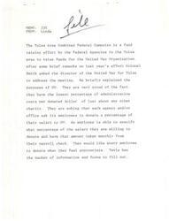 ["The memo discusses the Tulsa Area Combined Federal Campaign, which aims to raise funds for the United Way Organization. The United Way director explained the organization's low administrative costs and encouraged employees to donate a percentage of their salary. Employees can specify the amount they want to donate and have it deducted monthly from their paychecks. Forms to participate are available from Twyla."]