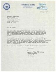 ["The document is a letter from Anthony A. Smith, Colonel, CE, who has been nominated Chairman of the Greater Tulsa Area Combined Federal Campaign. He is responsible for organizing and directing all Federal agencies in the area for a fund-raising campaign from September 12 to October 14, 1977 with a goal of $44,073. He is requesting a meeting with all Federal agency heads on August 25, 1977, to discuss the campaign. If unable to attend, they are asked to send a representative. Smith can be contacted at Ext 7311 for any questions."]