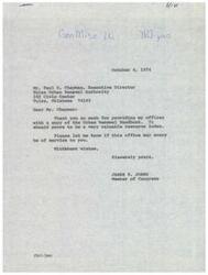 ["James R. Jones, a Member of Congress, thanks Paul D. Chapman, the Executive Director of the Tulsa Urban Renewal Authority, for providing his office with a copy of the Urban Renewal Handbook. Jones states that the handbook will be a valuable resource and offers his office's assistance to Chapman."]