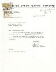 ["The document is a letter from the Isa Urban Renewal Authority in Tulsa, Oklahoma to Congressman James R. Jones, presenting him with a copy of their latest publication, The Urban Renewal Handbook. The document expresses hope that the book will promote understanding of the authority's role in the development of Tulsa and its people."]