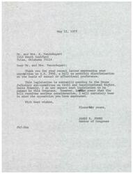 ["Mr. and Mrs. VandeBogart expressed their opposition to Bill H.R. 2998, which aims to prohibit discrimination based on sexual or affectional preference, in a letter to Congressman James R. Jones. Congressman Jones responded by thanking them for their letter and mentioning that he does not expect the legislation to pass, but will keep their opposition in mind if it receives serious consideration."]