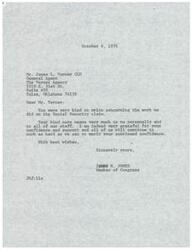 ["Congressman Jim Jones received a letter from James L. Varner, a General Agent at The Varner Agency, thanking him for his assistance in getting a Social Security claim processed for one of Varner's employees. The claim had been pending for nearly a year, but after Varner contacted Jones's office for help, the claim was processed within a week. Varner expressed gratitude for Jones's efficient and concerned staff and promised to encourage others to support him."]