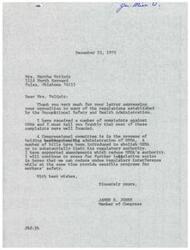 ["The document is from Martha Violinic expressing opposition to the regulations established by the Occupational Safety and Health Administration (OSHA). Congressman James R. Jones acknowledges her concerns and states that he has received complaints against OSHA, supporting amendments to reduce its authority. He mentions that a Congressional committee is reviewing OSHA's administration and that there are bills introduced to abolish or limit its regulatory authority. Congressman Jones assures Mrs. Violinic that he will continue to work towards reducing regulatory interference while ensuring sensible programs for workers' safety."]